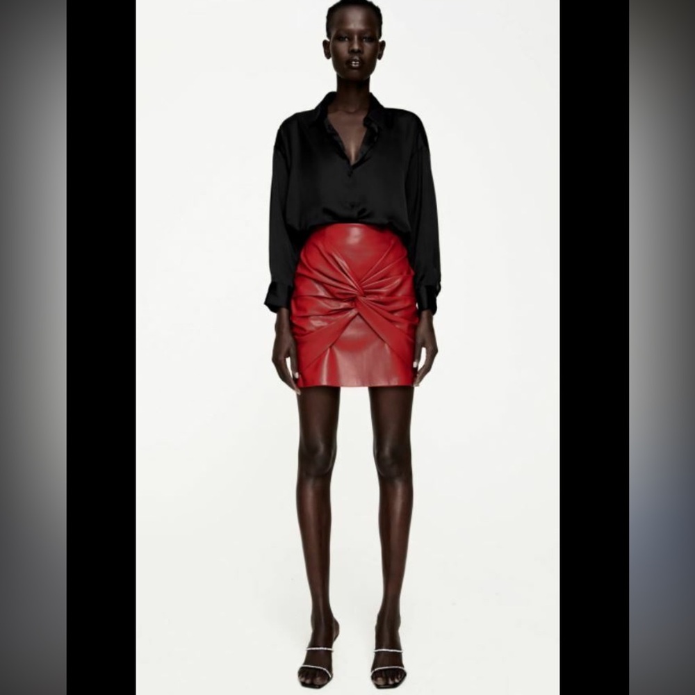ZARA Faux Leather Red Knot Front Mini Skirt S